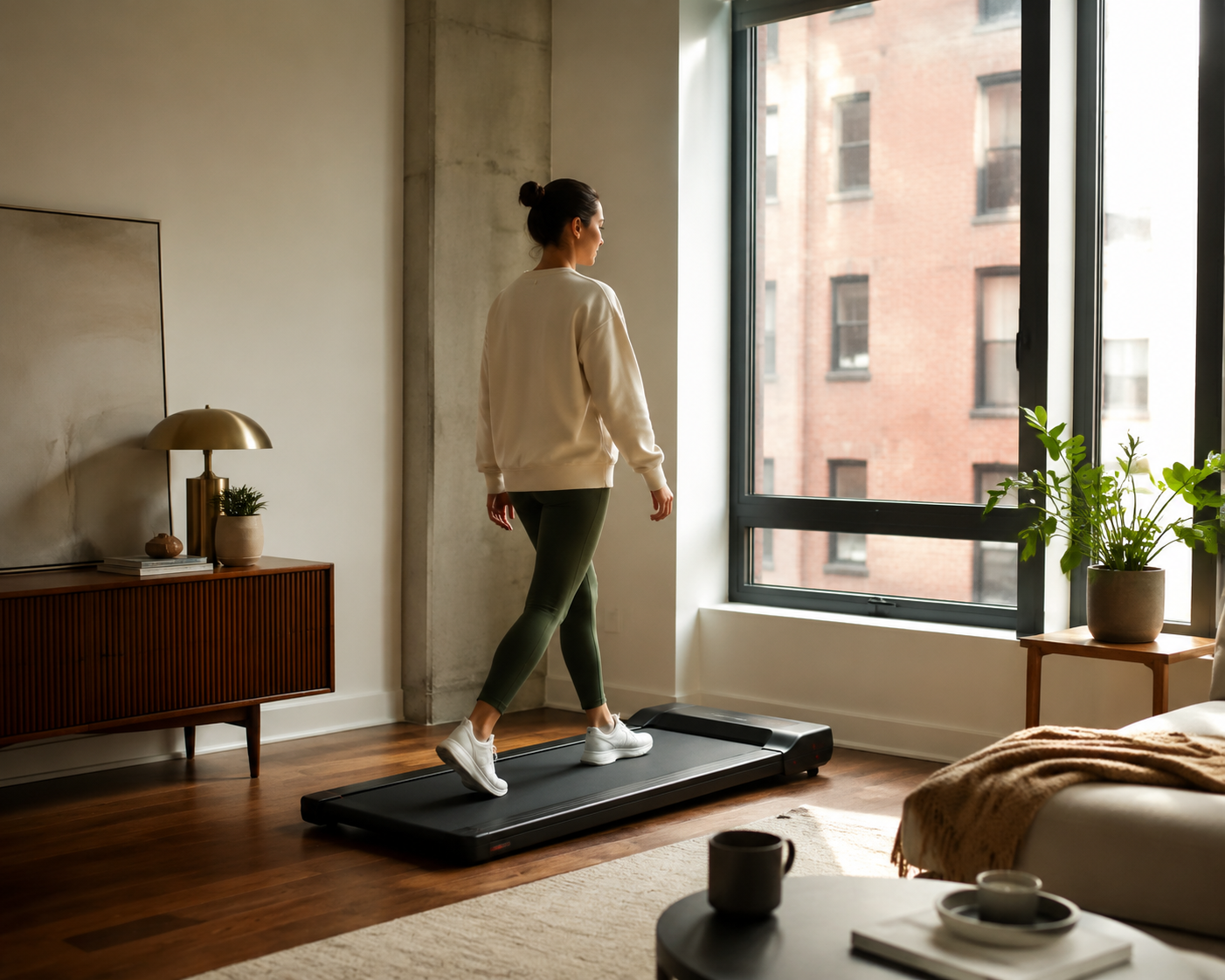 Person walking quietly on a minimalist walking pad in a sunlit apartment with hardwood floors