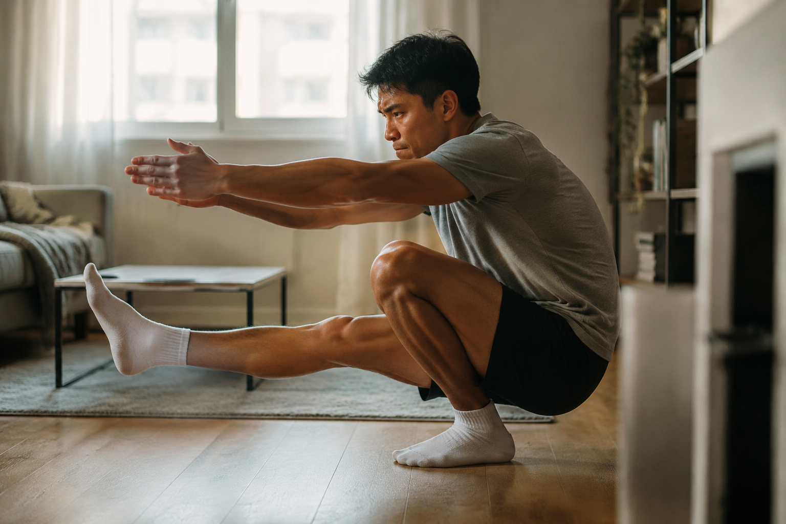 Person performing a deep pistol squat in a small sunlit apartment with no equipment visible