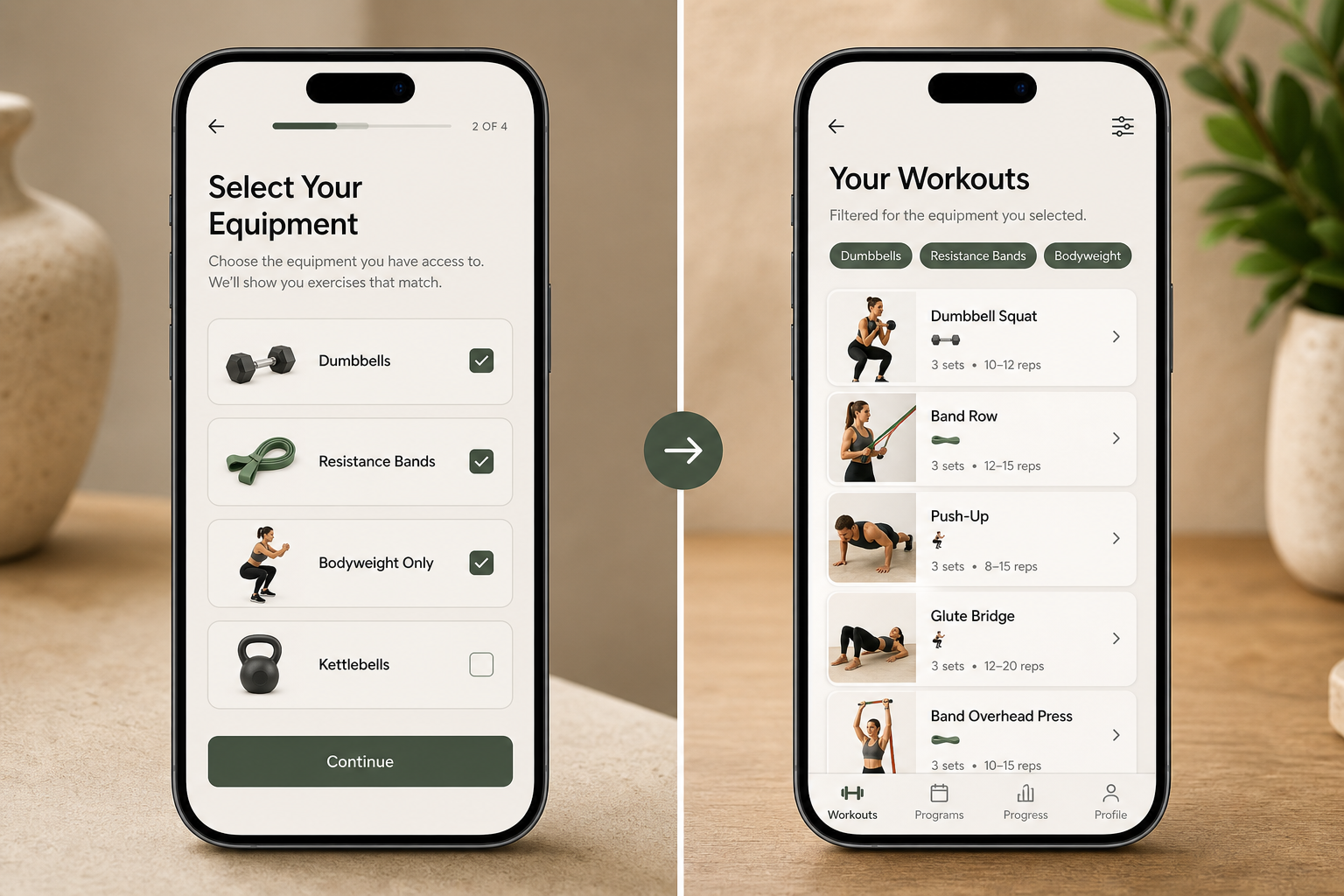 Split-screen editorial composition showing two smartphone screens: the left displays a workout app's equipment selection checklist with options like dumbbells, bands, and bodyweight checked; the right shows filtered exercise results matching that equipment.
