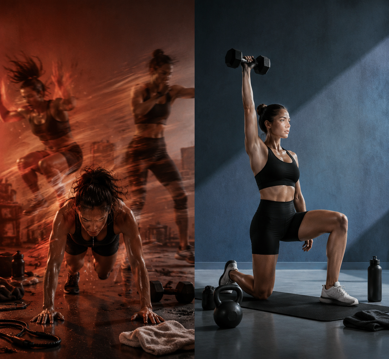 Illustration contrasting chaotic high-volume circuit training with controlled dumbbell strength work