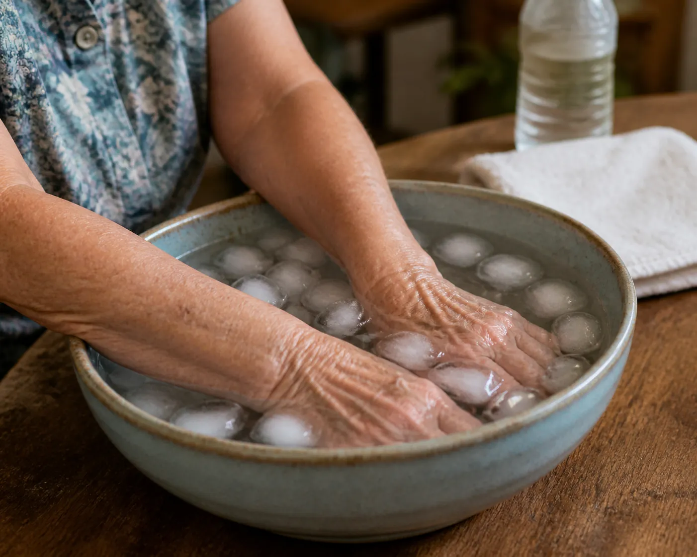 Older adult cooling hands and forearms in a bowl of cold water with ice