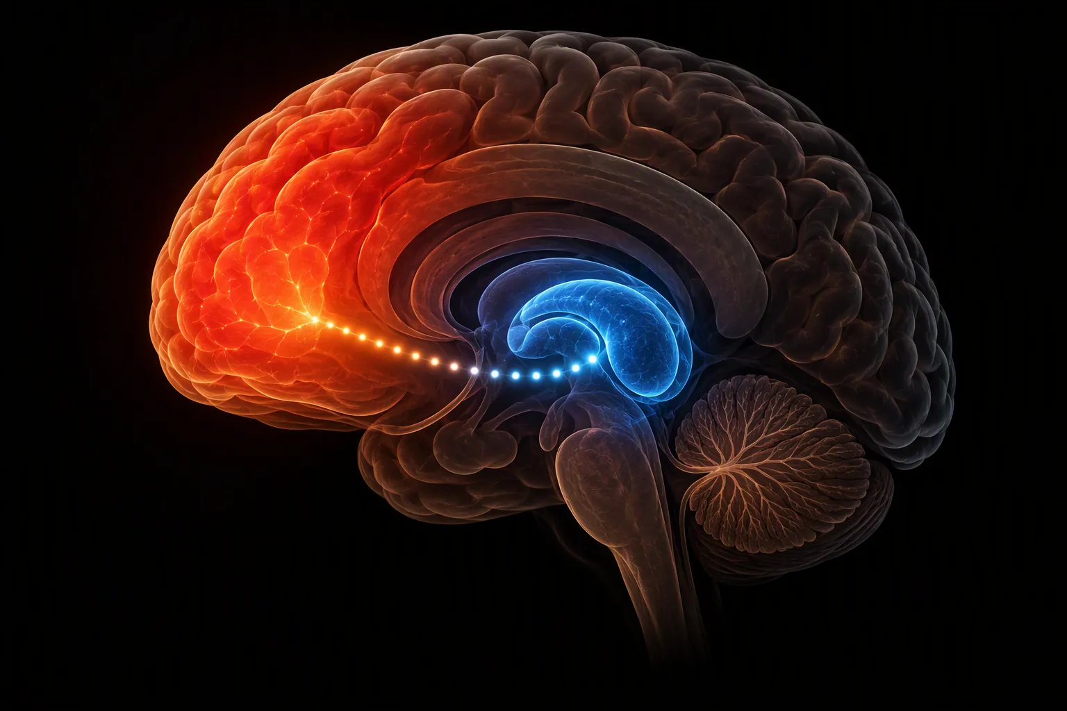 Stylized brain showing the prefrontal cortex and basal ganglia connected by a glowing pathway