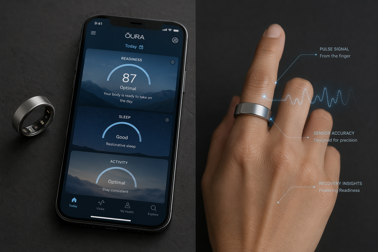 A titanium Oura Ring resting next to a smartphone showing the Oura app's Today tab with Readiness, Sleep, and Activity scores, with the ring worn on a finger with glowing annotation lines suggesting sensor accuracy.