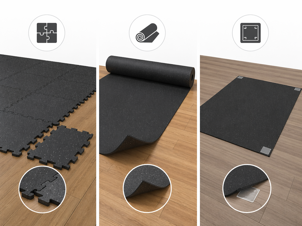 Three adhesive-free installation methods shown on a wood subfloor: interlocking rubber tiles with puzzle edges on the left, loose-lay rubber roll with curled edges showing no adhesive in the center, and thin rubber mat secured with double-sided tape strips on the right.