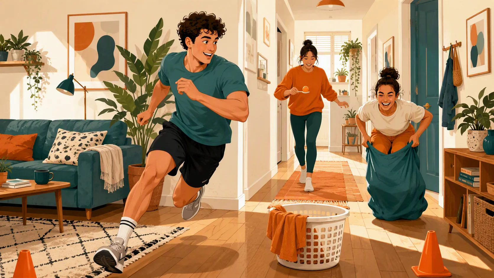 Playful sports-day workout inside a small apartment with a hallway relay, spoon balance, and squat hops.