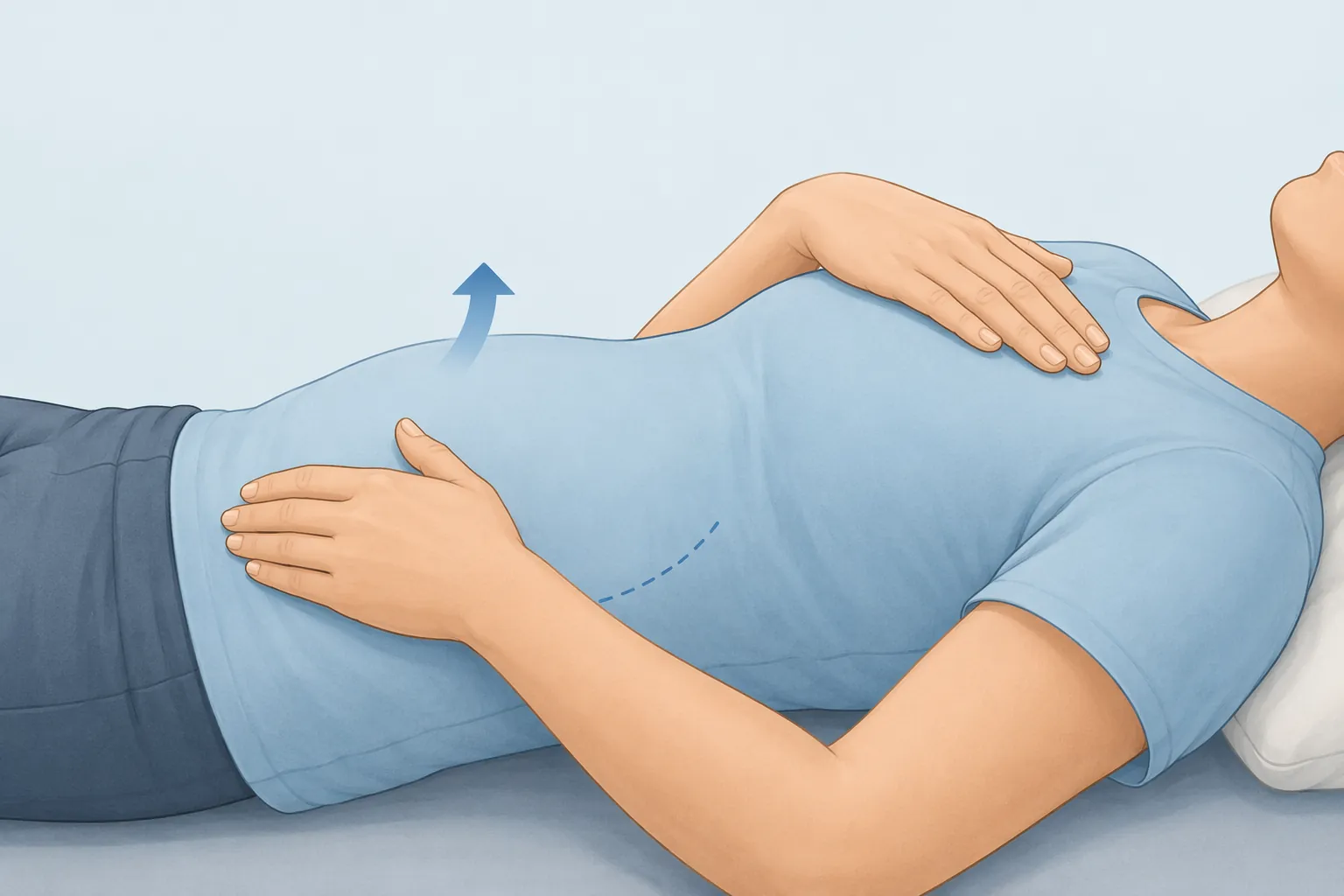 Hand placement for diaphragmatic breathing with one hand on the chest and one on the belly