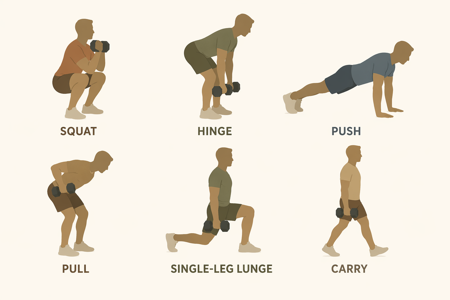 Six simple figures showing squat, hinge, push, pull, lunge, and carry movement patterns