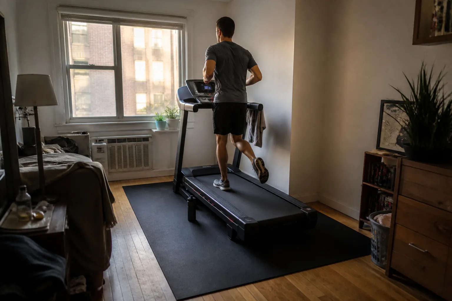 Runner on a treadmill in a small apartment living room with a protective mat, towel and water bottle nearby