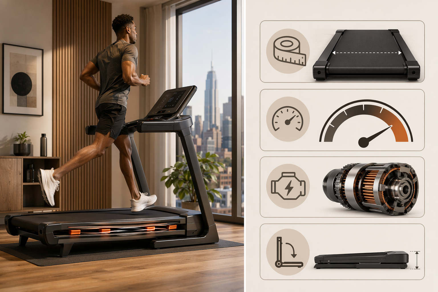 Split composition: left side shows a runner in mid-stride on a treadmill in a warm home gym setting with wood floors and soft lighting; right side shows technical spec icons including a measuring tape at 60 inches, a speed gauge at 12 mph, a motor icon at 3.0 CHP, and a flat-fold storage icon at 10 inches depth, with an apartment window and city skyline visible in the background.