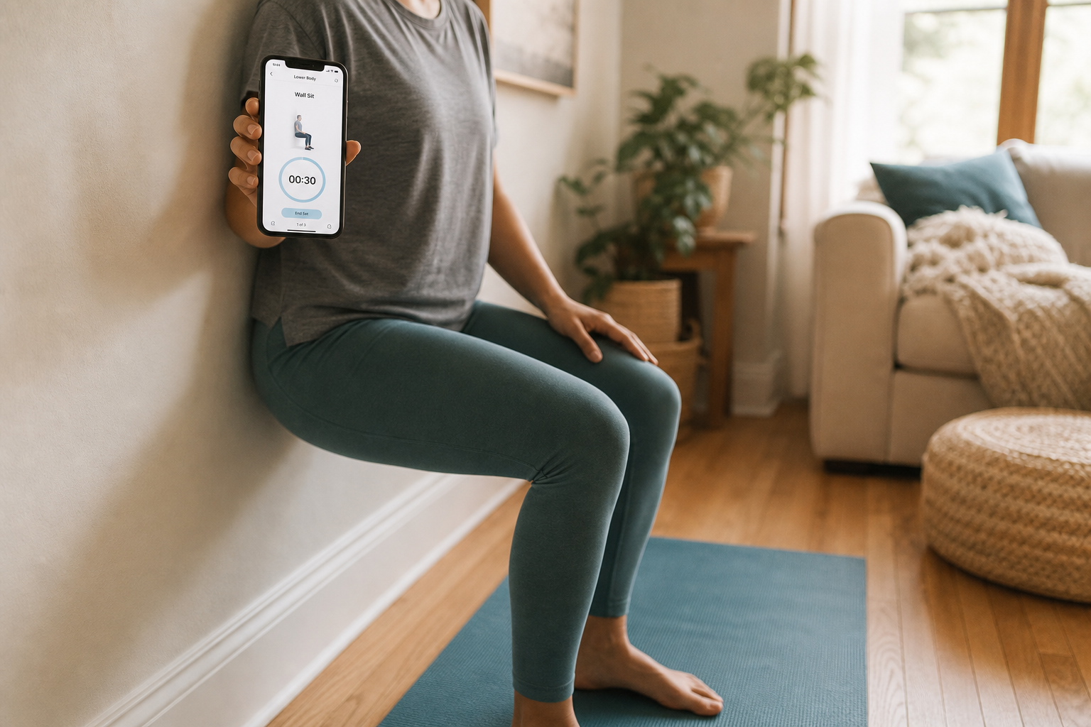 A person in casual athletic wear doing a bodyweight squat against a wall in a cozy living room, holding a smartphone showing a fitness app interface, with a yoga mat on the floor, soft natural window light, houseplants, and warm earth tones.