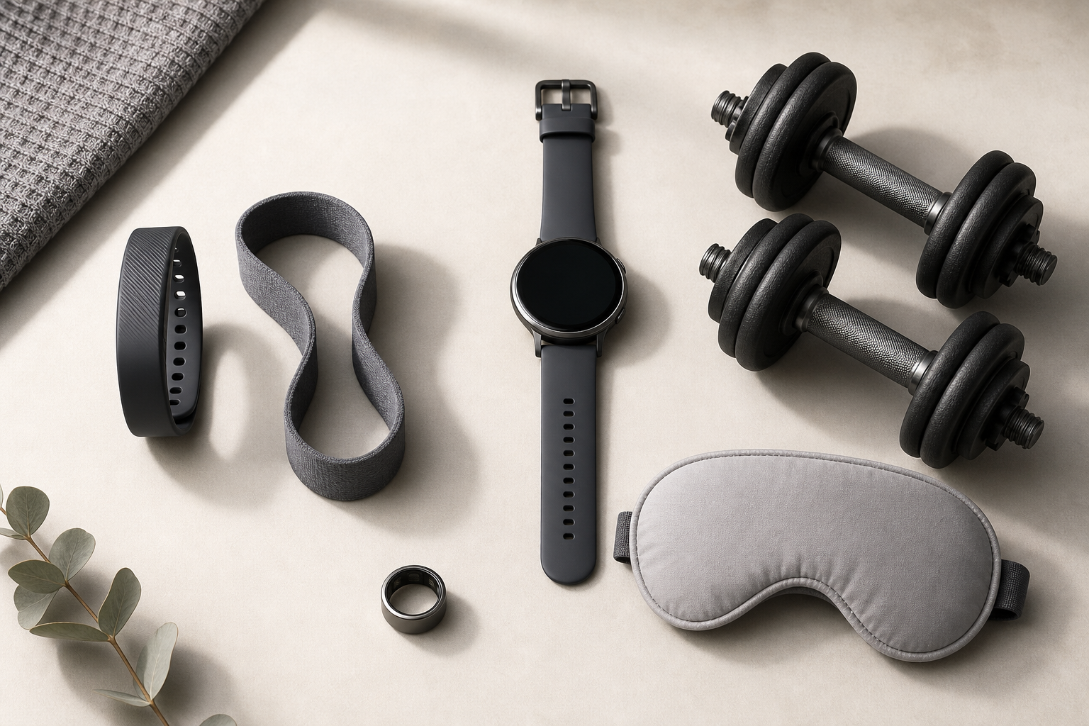 Flat-lay of three fitness tracker form factors — a slim screenless wristband, a round smartwatch, and a minimalist smart ring — each paired with a visual cue for its primary use case: resistance band for daily activity, dumbbells for strength, and a sleep mask for recovery.