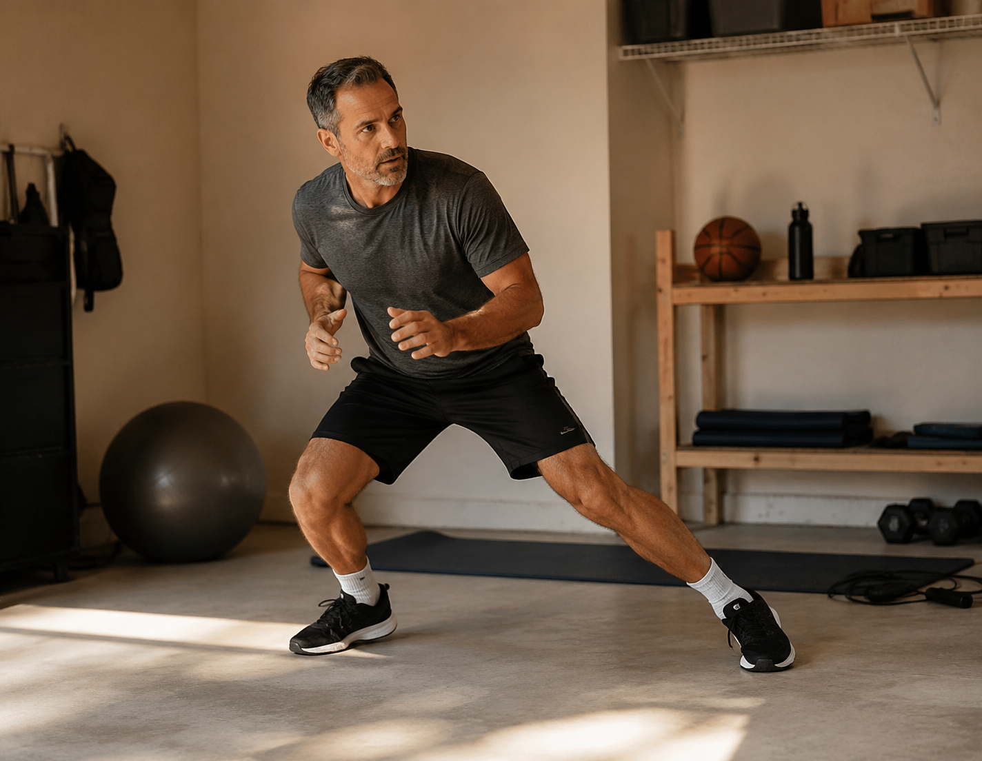 Man in his late 40s or early 50s performing a controlled lateral defensive slide in a home garage gym