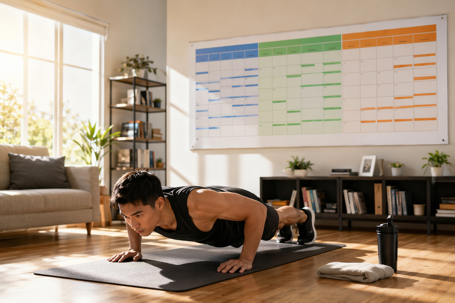Home workout space with a push-up mat and an 8-week three-phase progression calendar