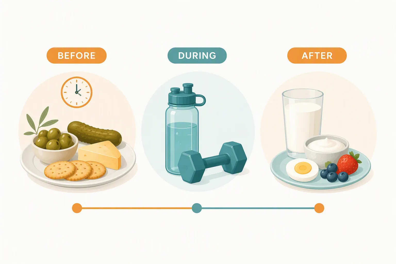 Illustrated before, during, and after workout fueling timeline with salty foods, water, and milk