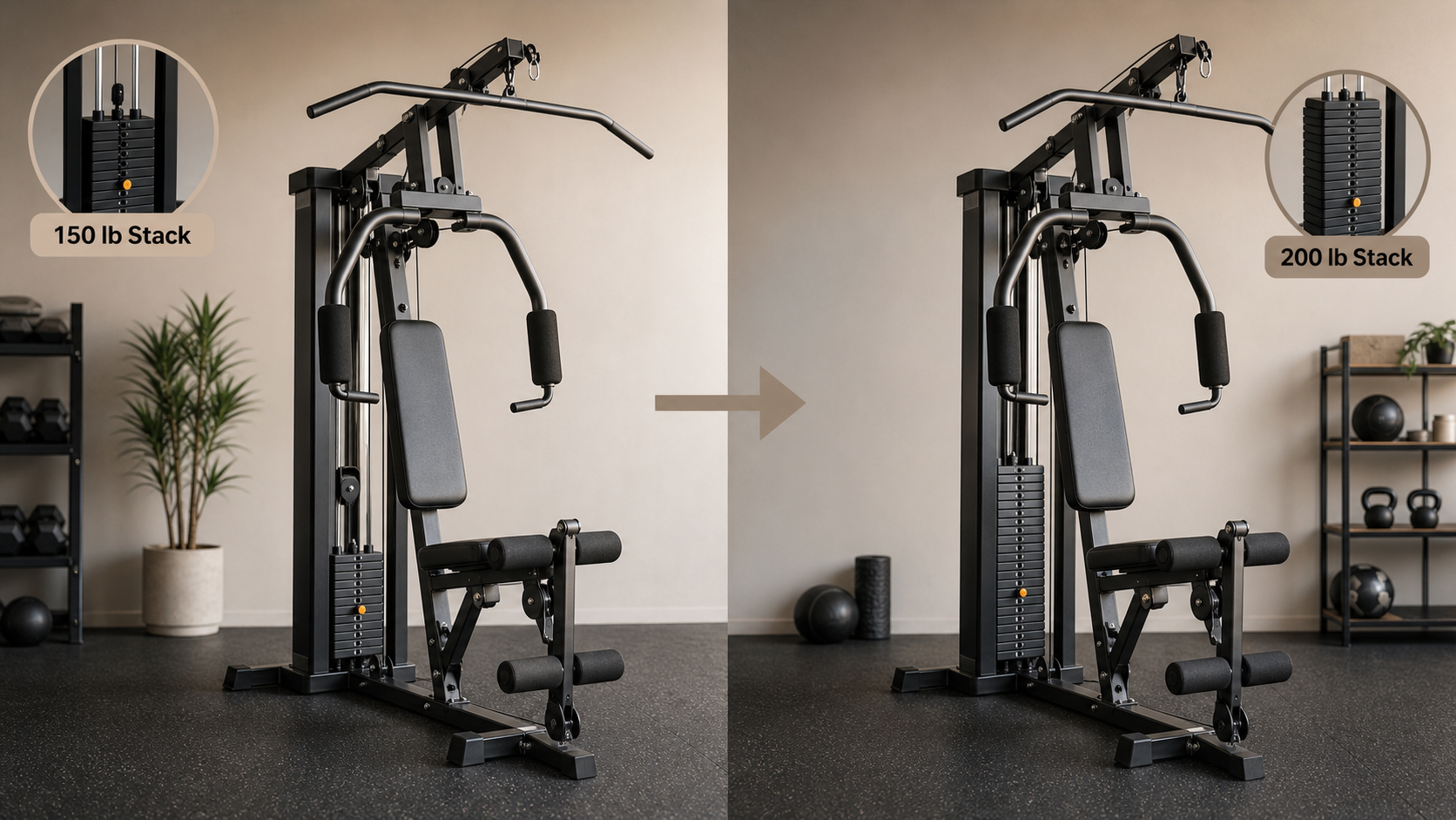Editorial side-by-side comparison of two home gym machines: a compact 150 lb weight stack model on the left and a larger 200 lb weight stack model on the right, both set on rubber gym flooring against a neutral wall background.