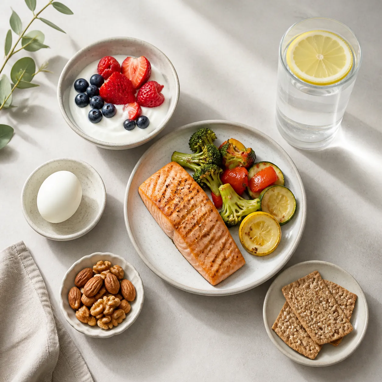 Small protein-forward portions including Greek yogurt, salmon, egg, nuts, crackers, vegetables, and water