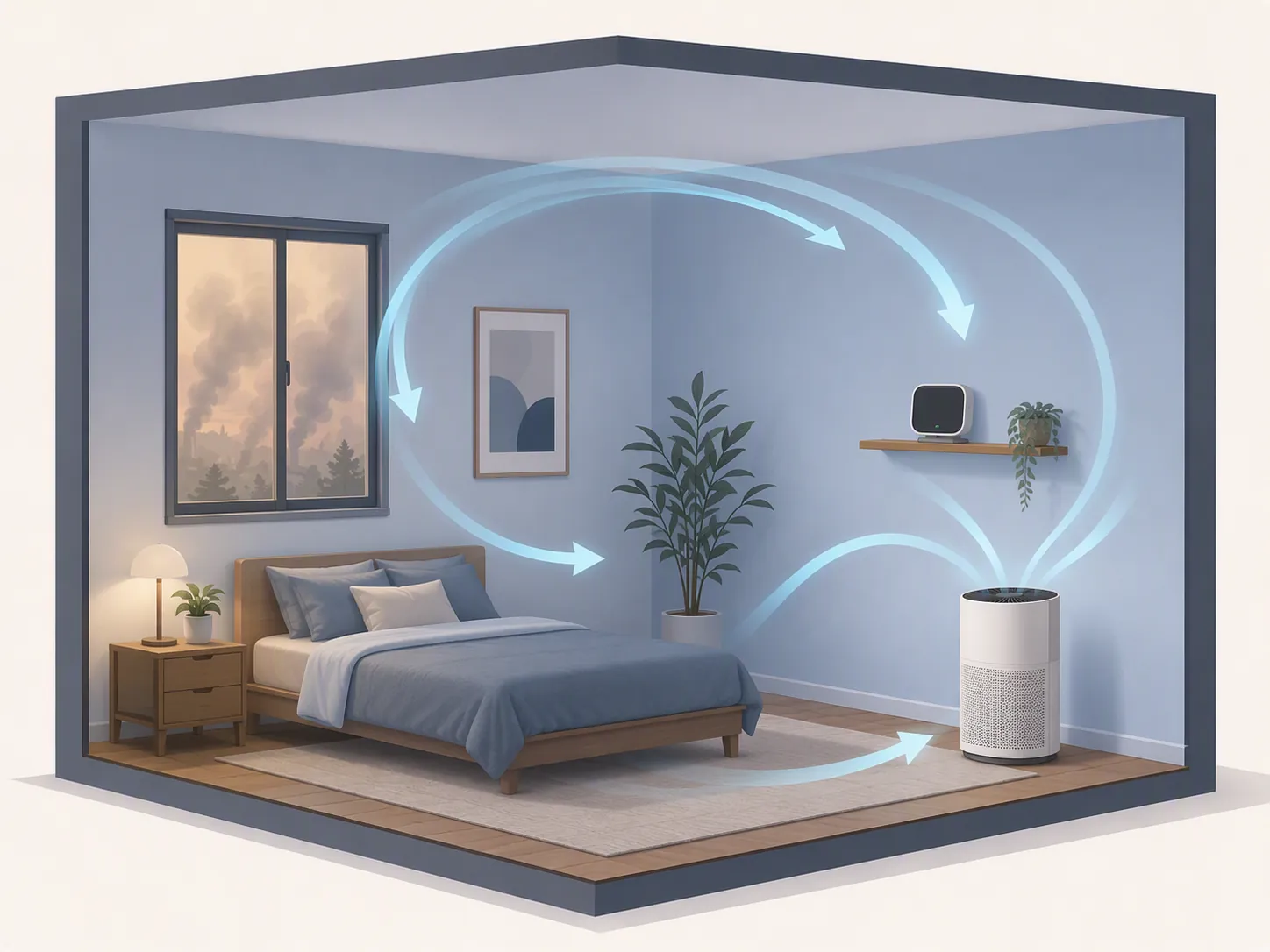 Room schematic showing a portable air cleaner circulating air through a closed room with a monitor on a shelf