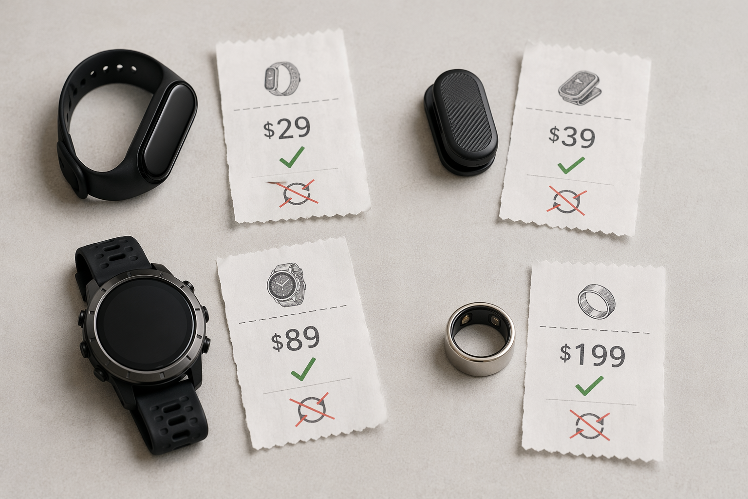 Fitness band, screenless tracker, sport watch, and smart ring arranged with one-time price and no-subscription tags