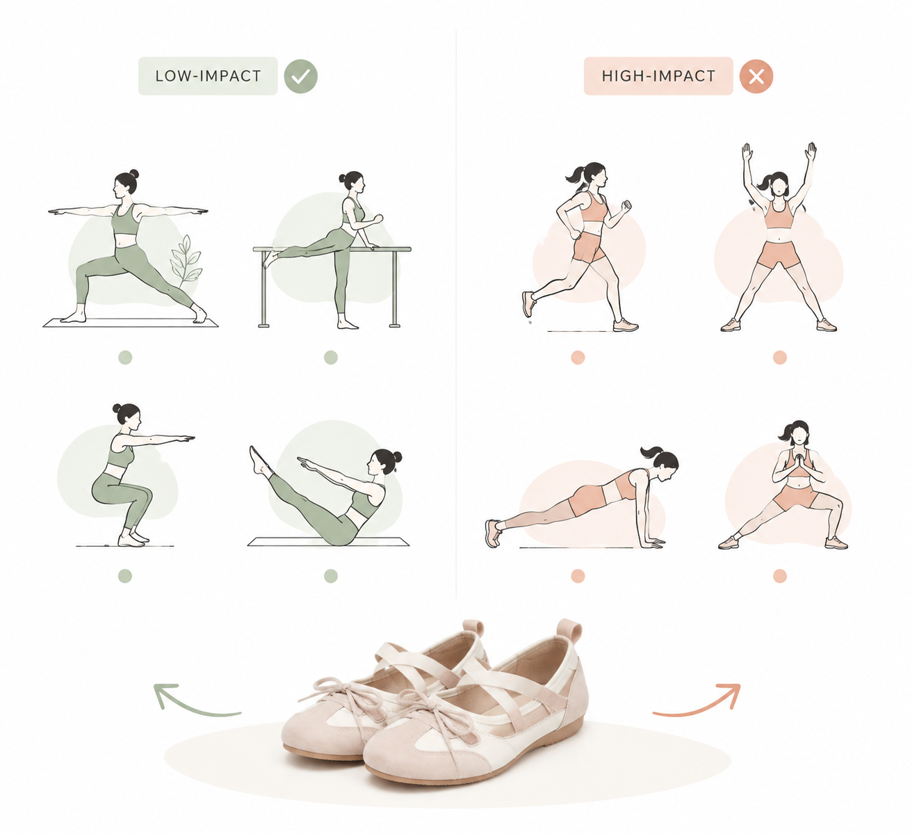 Split infographic showing low-impact workouts such as yoga, barre, squats, and pilates versus high-impact workouts such as running, jumping jacks, burpees, and lateral lunges