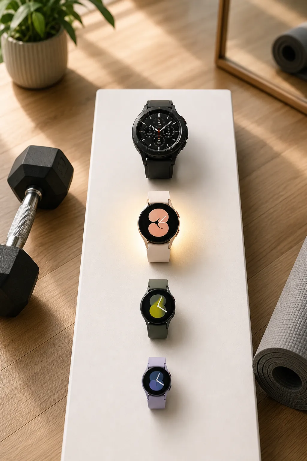 Four Samsung smartwatch silhouettes in a tiered layout beside a dumbbell and yoga mat, with the second watch highlighted as the value pick