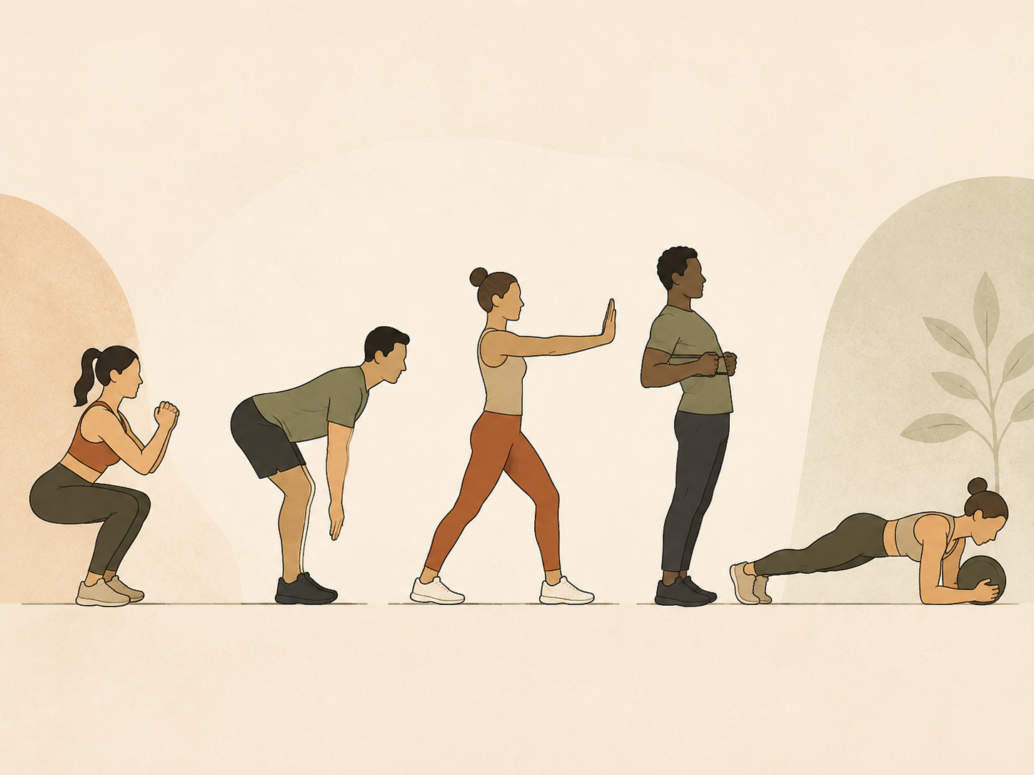 Five silhouettes showing squat, hip hinge, push, pull, and carry or core exercise patterns