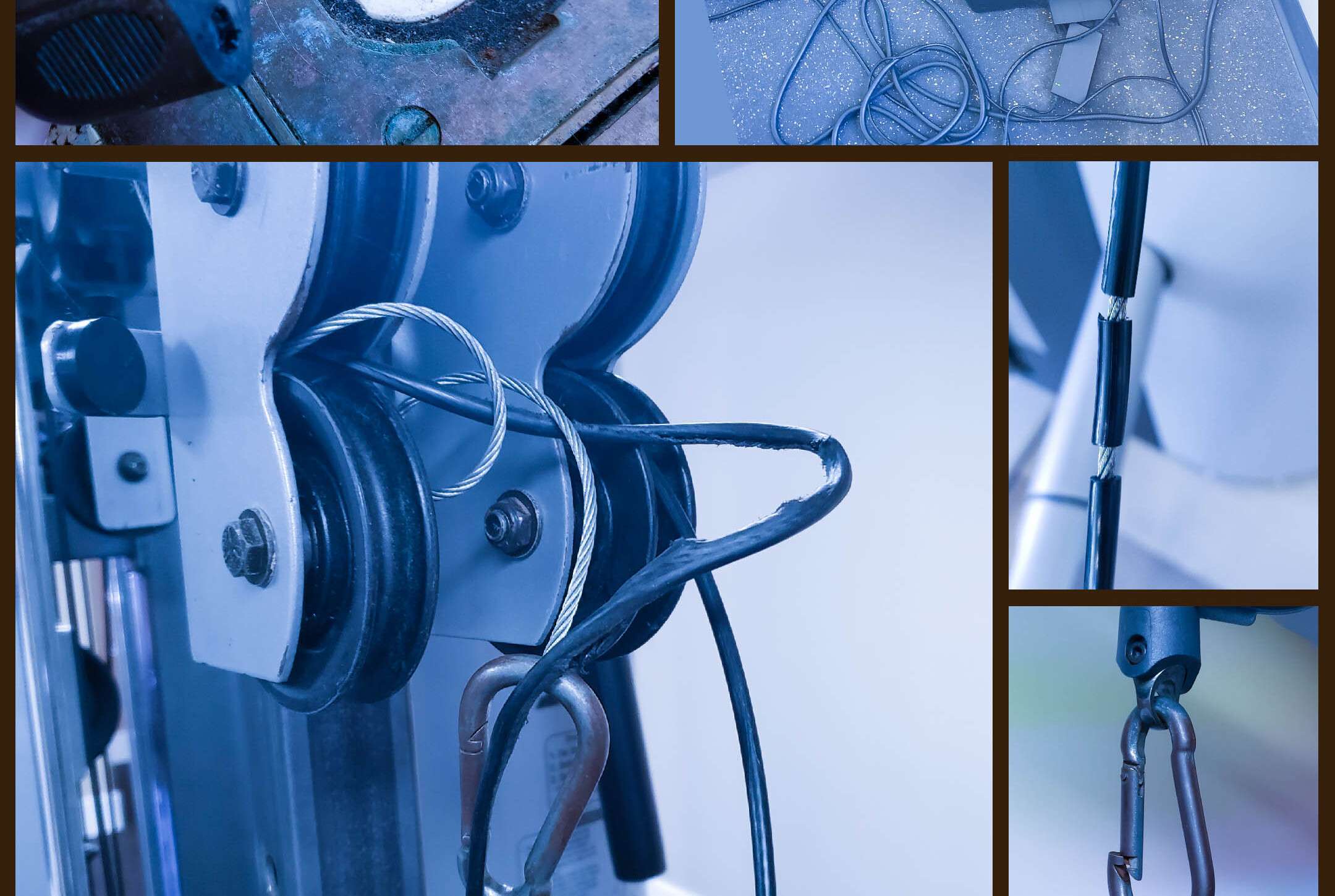 Close-up of a frayed cable on a commercial weight stack machine. Multiple strands are broken and splayed outward near the pulley connection, showing the bird-caging defect. The metal frame and pulley housing are visible in the background.