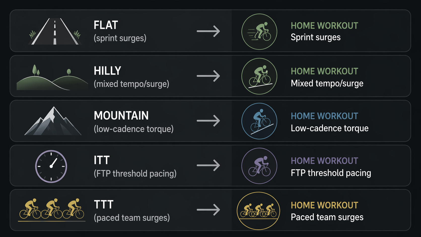 Five Tour de France stage types paired with matching indoor cycling workout formats