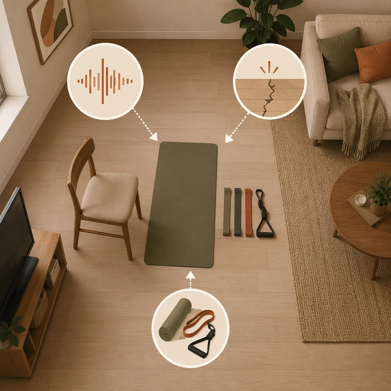 Illustration of a small apartment rehab zone with a mat, resistance bands, chair support, and icons for noise, floor protection, and compact equipment