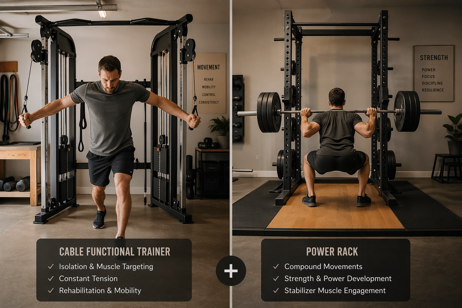 Side-by-side home gym scene showing a cable functional trainer on the left and a power rack with barbell on the right.