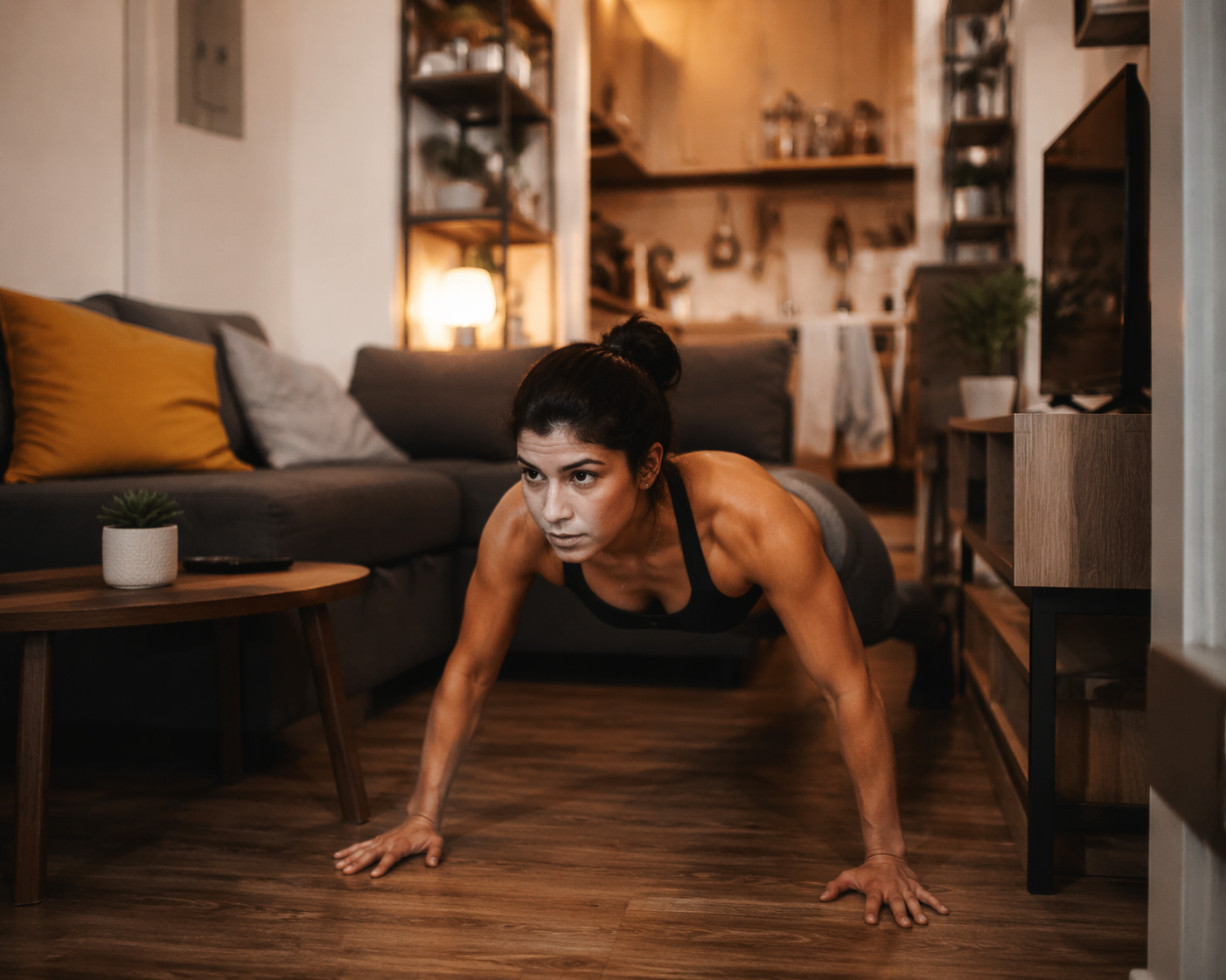 A person doing bodyweight exercise in a small living room space