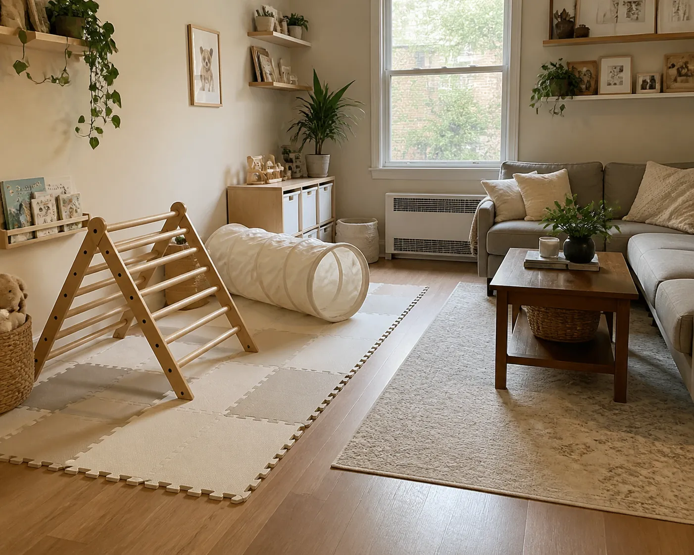 Small apartment living room with a foldable wooden Pikler triangle and foam mats in one corner