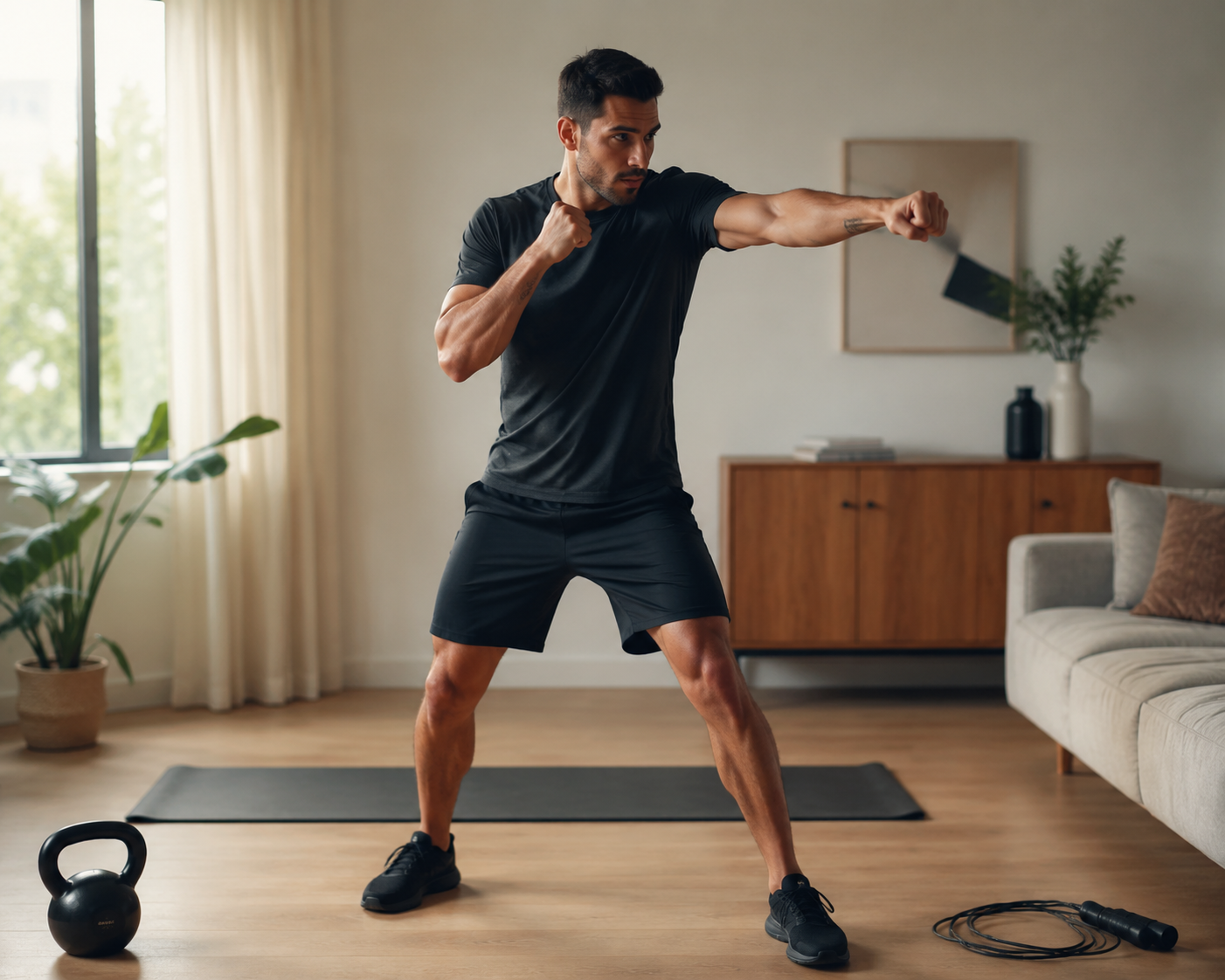 Person shadow boxing in a bright home living room with a jump rope, kettlebell, and exercise mat nearby