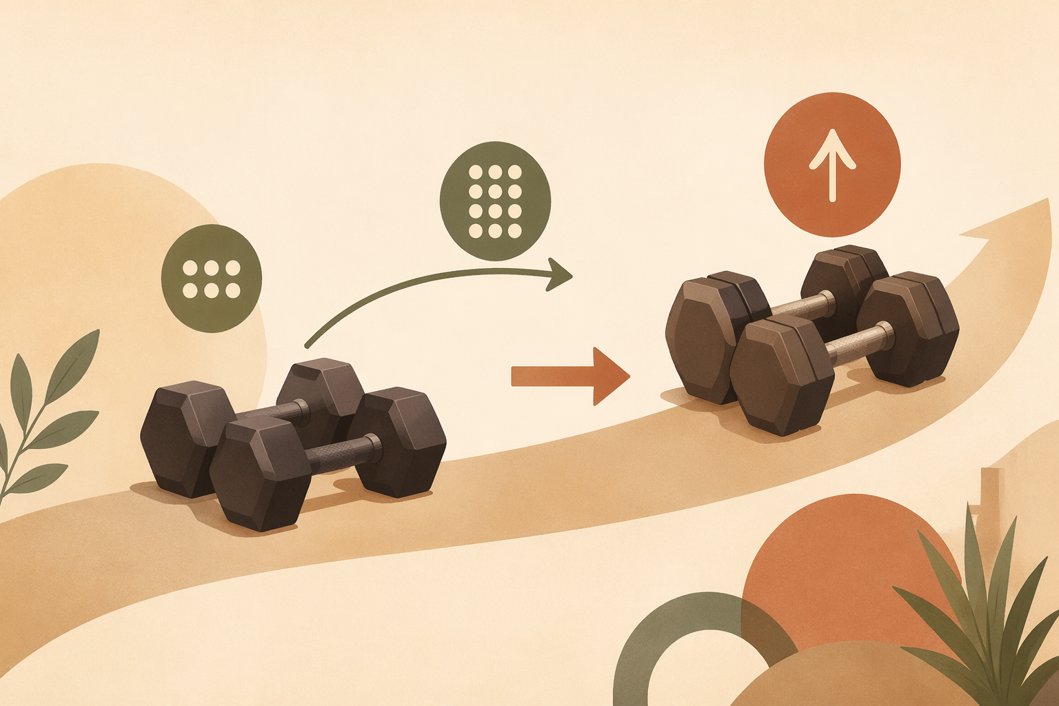 Illustration of increasing reps first, then moving to a heavier dumbbell