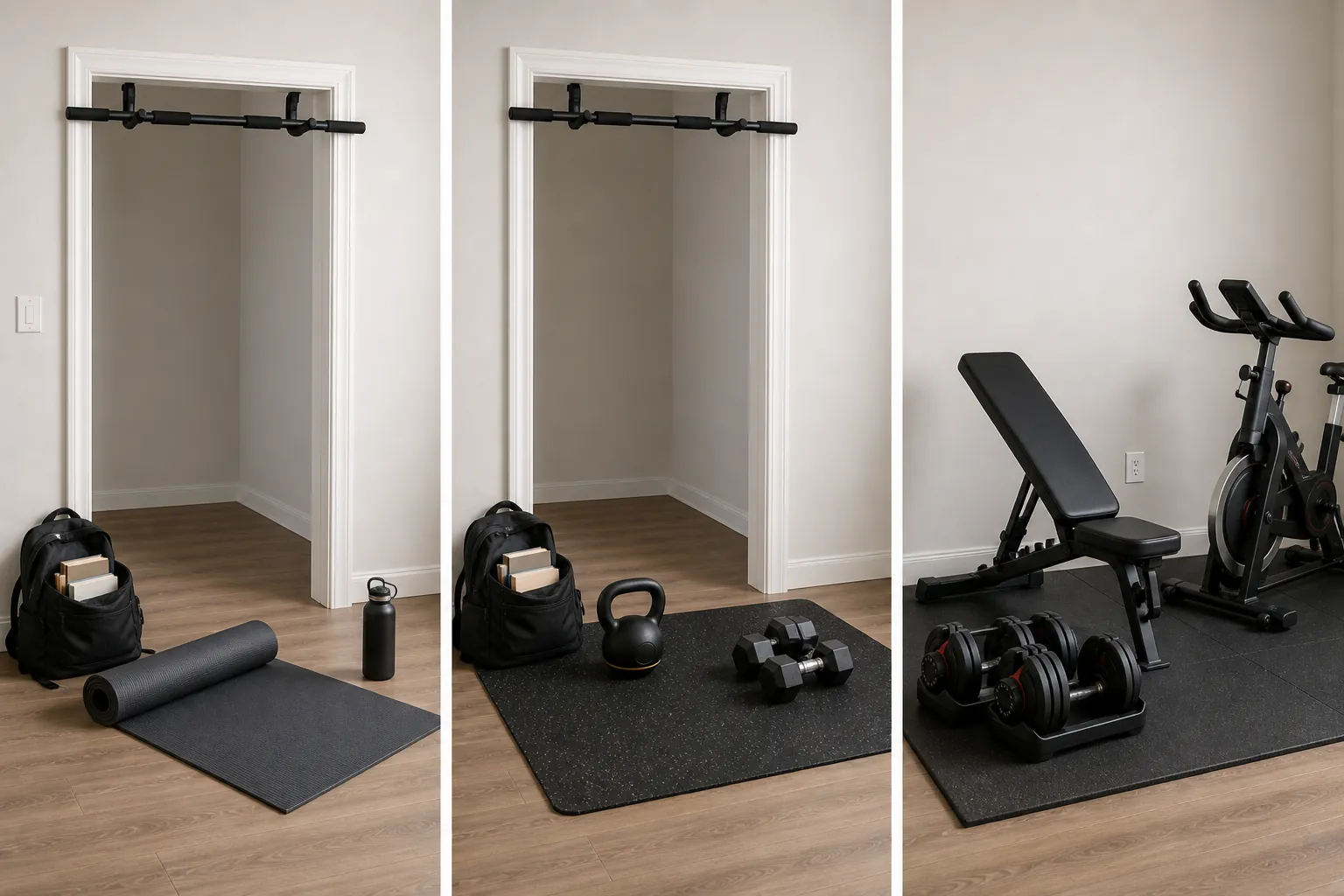 Three compact home gym setups showing a minimal doorway bar and mat setup, a mid-budget kettlebell and dumbbell setup, and a fuller adjustable dumbbell bench and bike setup