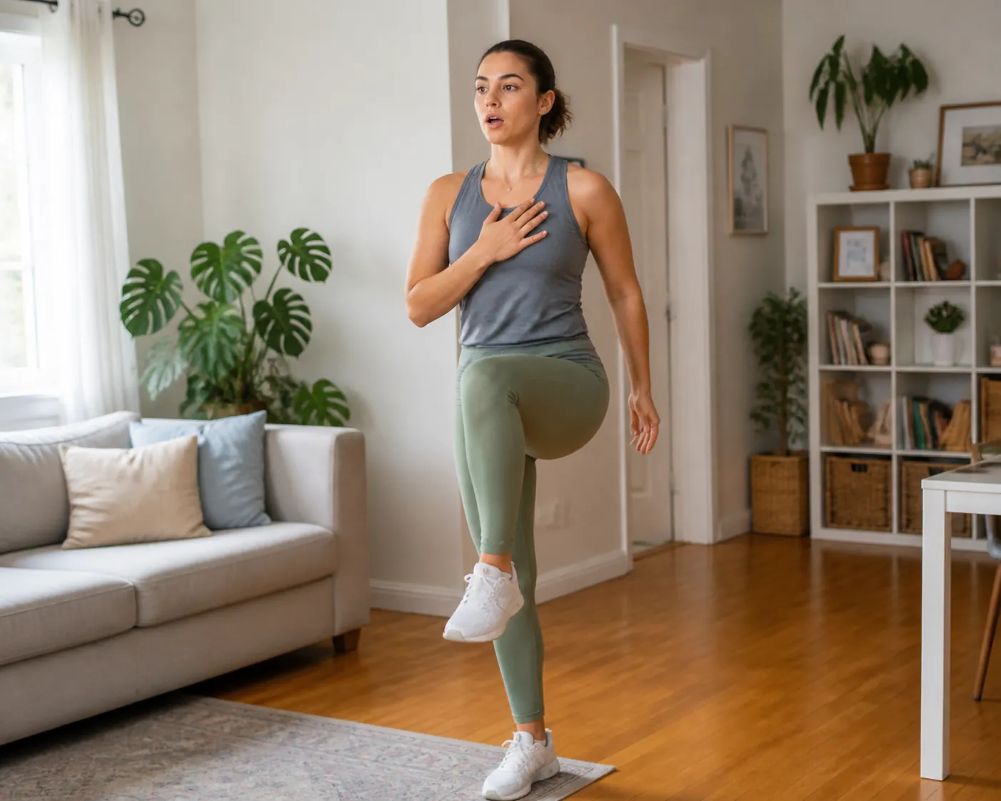 Person marching in place at home while checking breathing effort