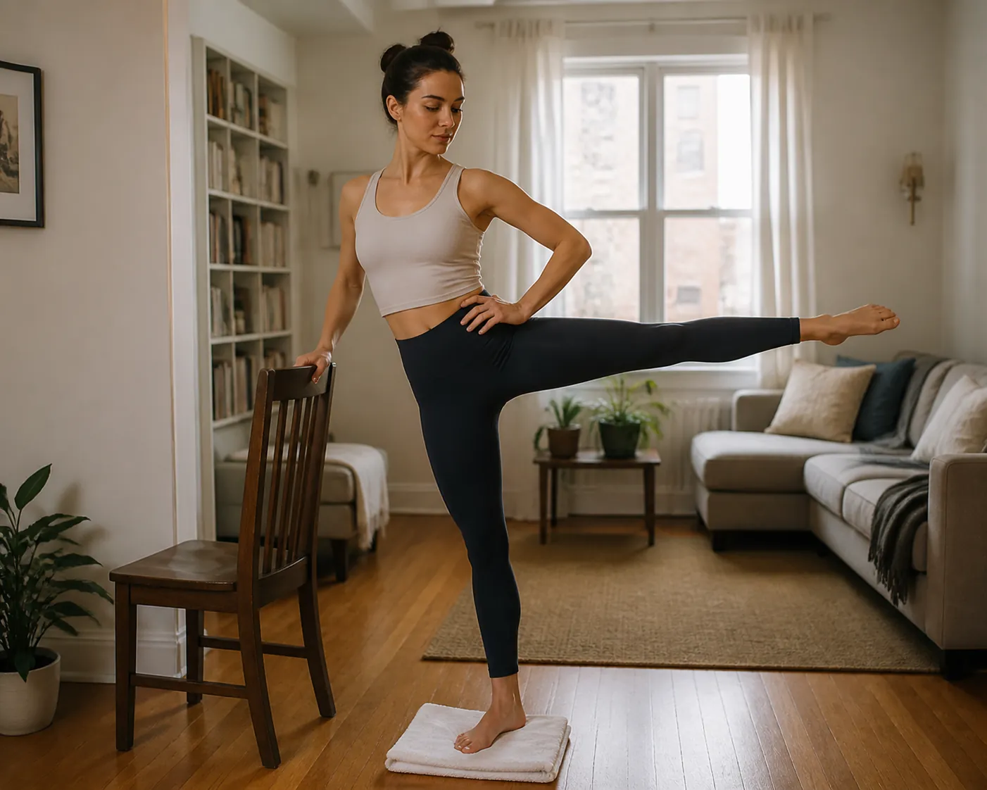 Woman doing a barre leg lift at home using a sturdy wooden dining chair for balance