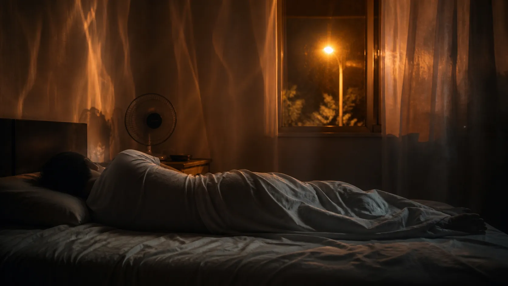 A person sleeping in a small warm apartment bedroom with damp sheets and a fan aimed at the bed