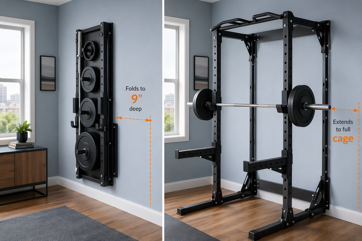 Side-by-side illustration of a PRx Profile PRO rack folded flat against a wall at 9 inches deep and extended into a full workout position with barbell and safety arms.