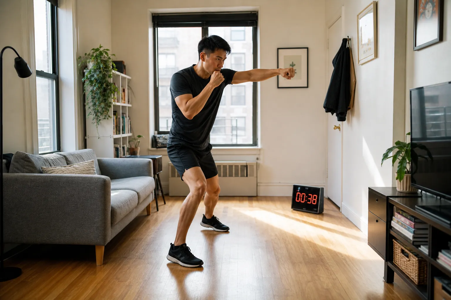 Person shadow boxing in a small apartment living room with a timer on the floor