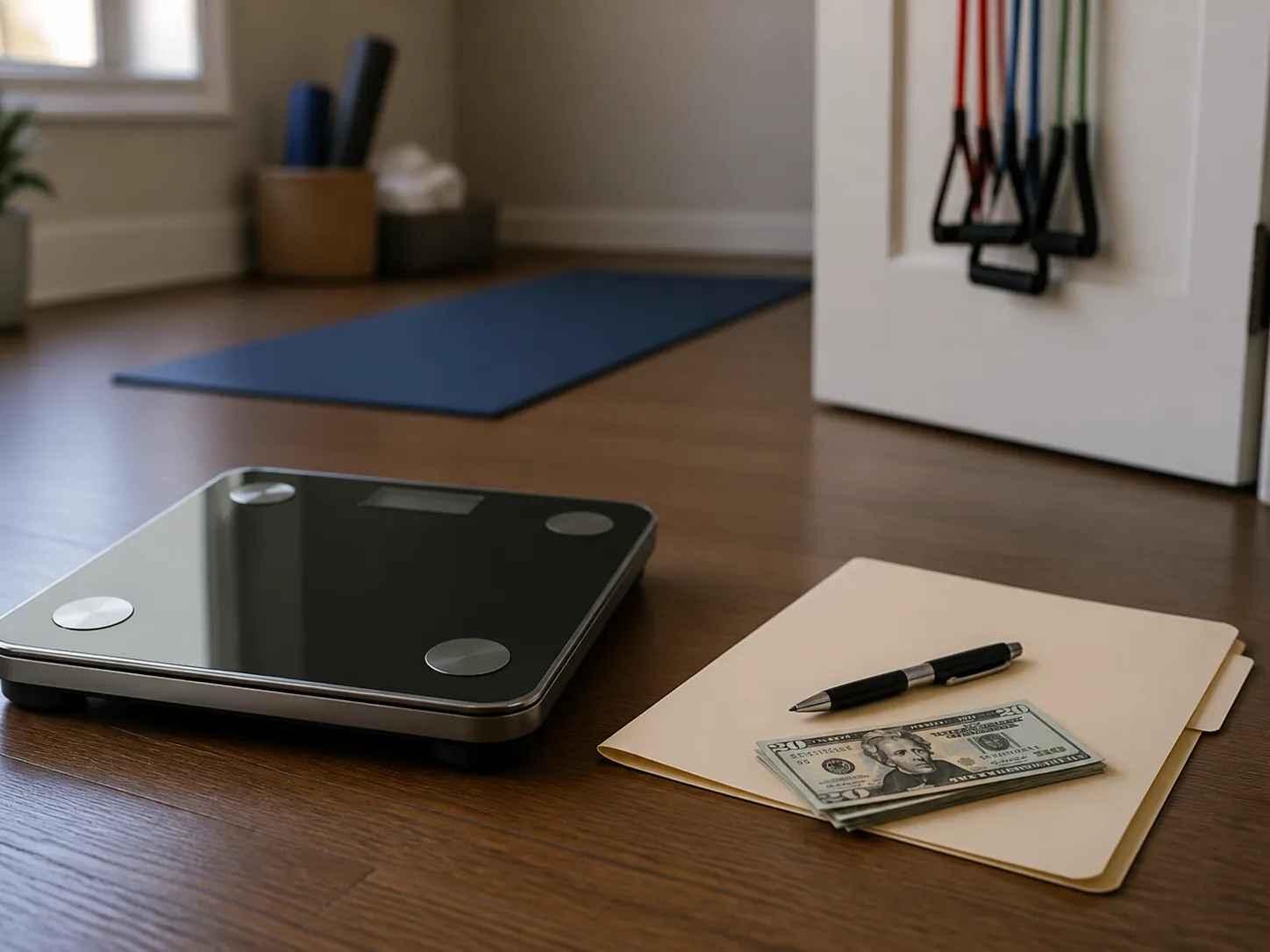 Bathroom scale beside paperwork in a small apartment with workout gear in the background