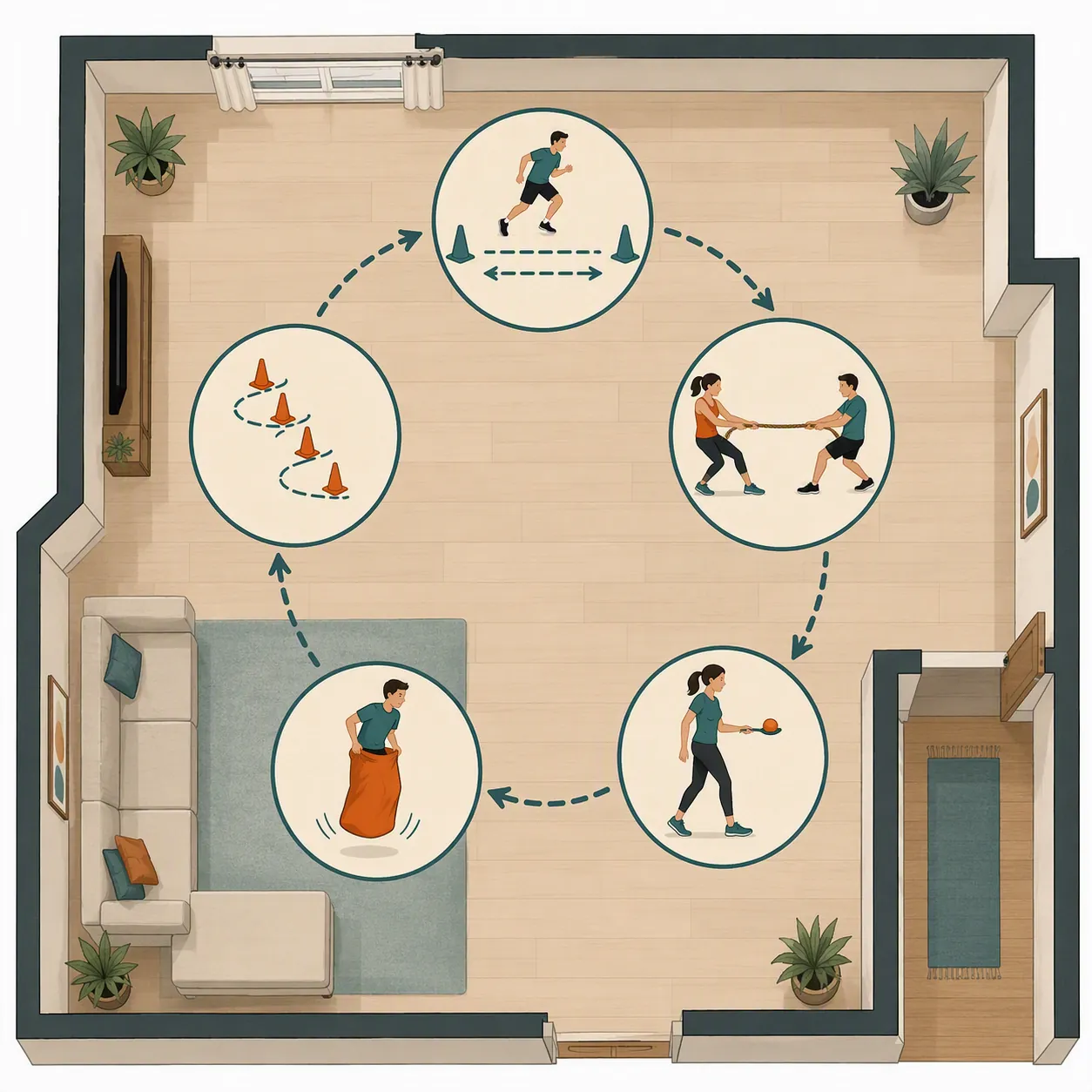 Top-down living-room floor plan showing a five-station workout loop.