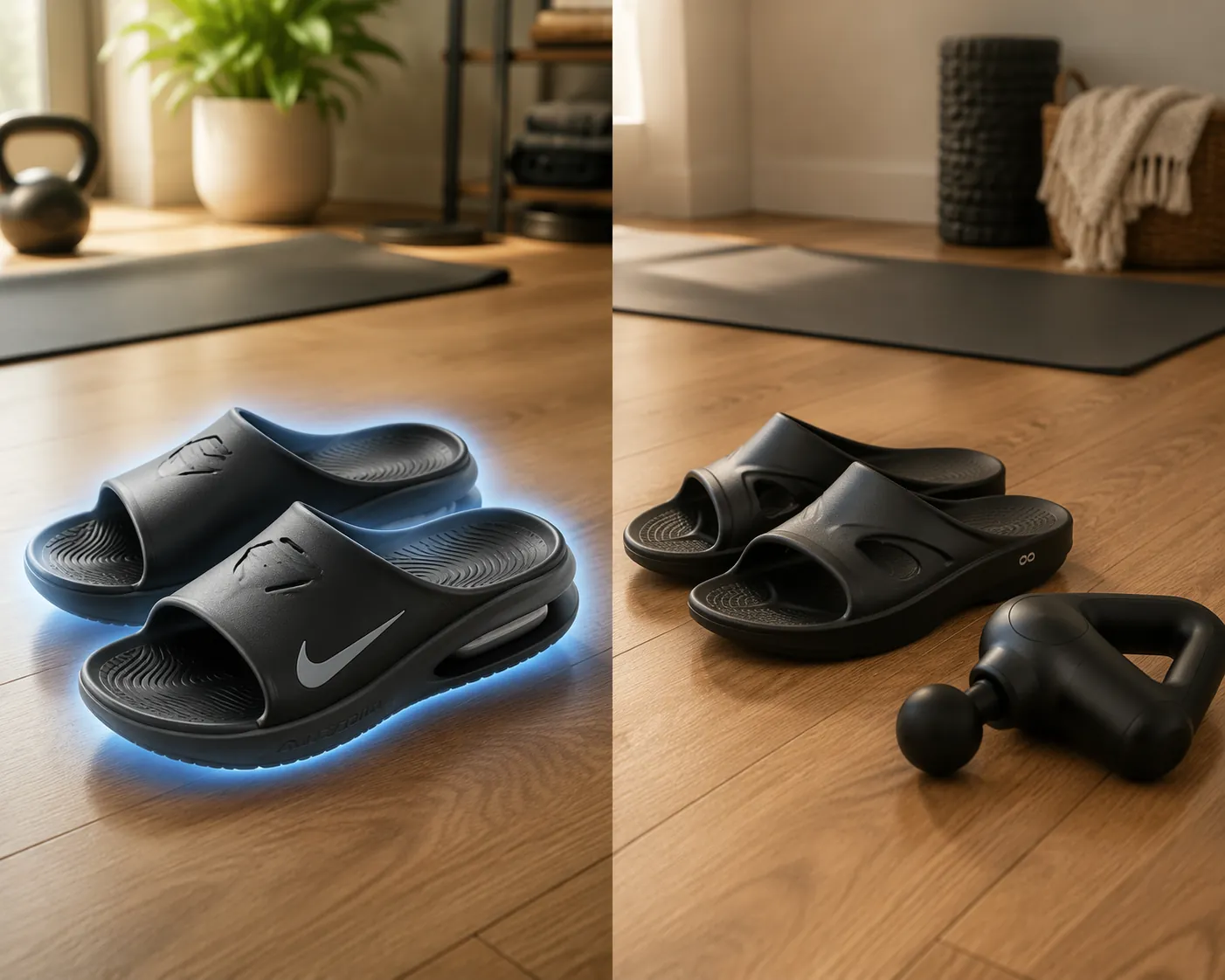 Side-by-side home recovery setup with Nike Air Zoom Hyperslide slides compared with passive slides and a compact massage gun