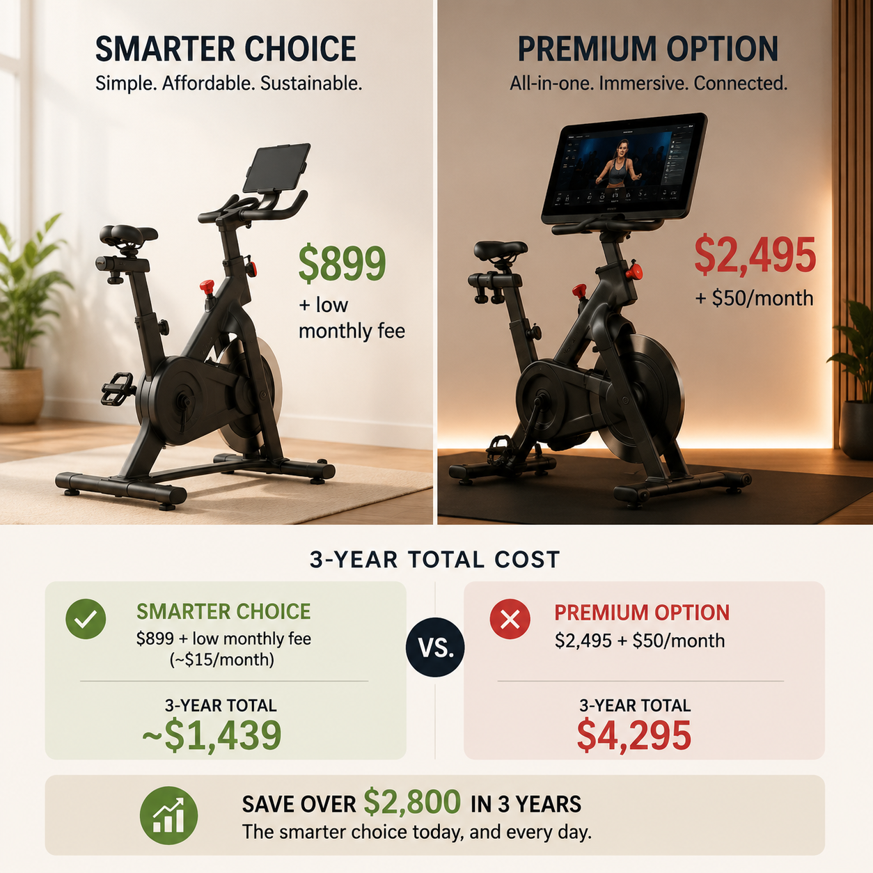App-optional bike compared with premium integrated-screen bike showing lower three-year cost for the app-optional setup