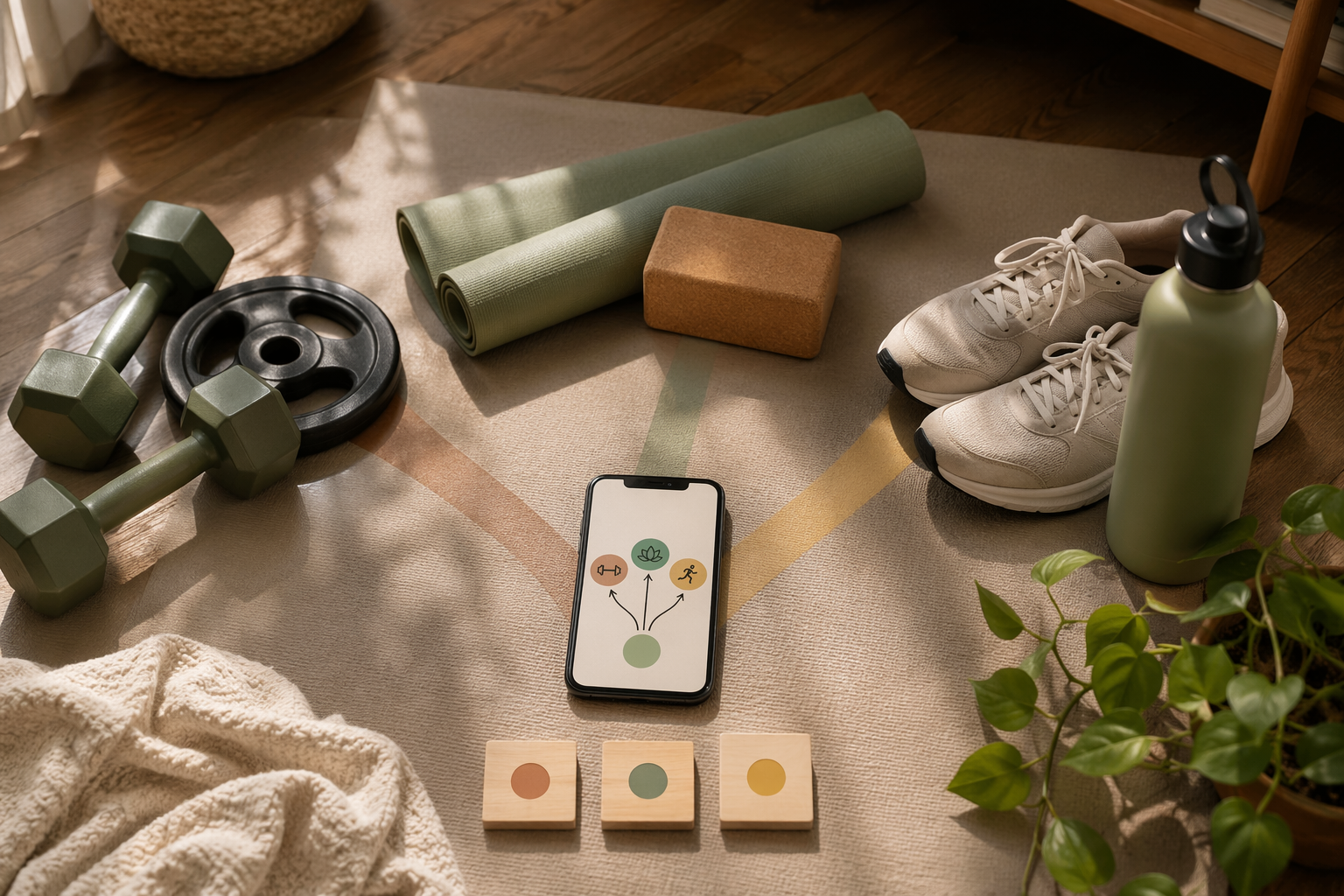 Home workout decision paths from a phone to dumbbells, yoga equipment, running shoes, and budget cards