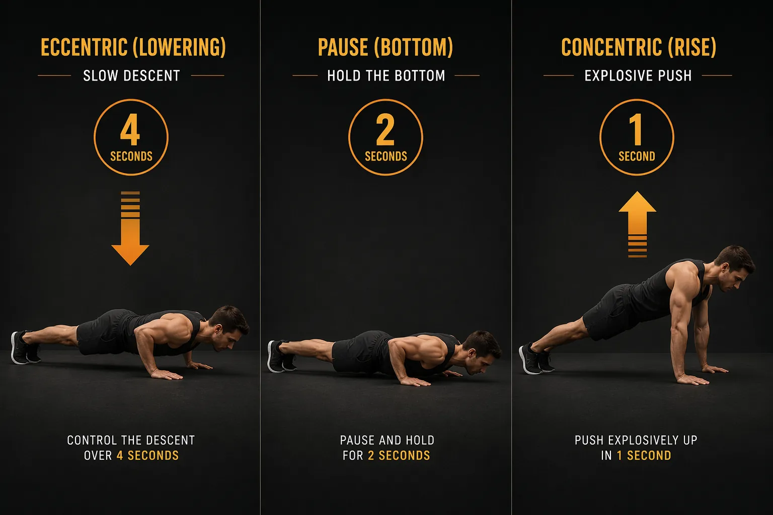 Push-up tempo phases showing a 4-second lowering phase, 2-second pause, and 1-second rise