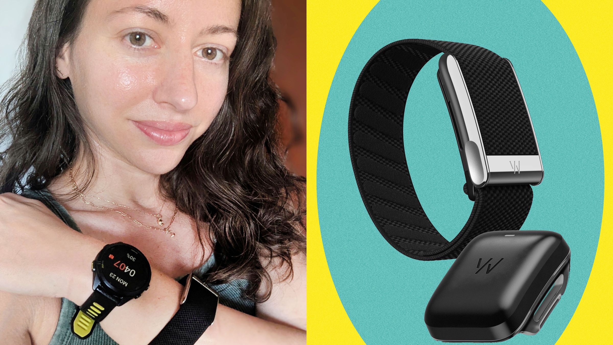 Person wearing a Whoop 5.0 screenless band in a home fitness setting