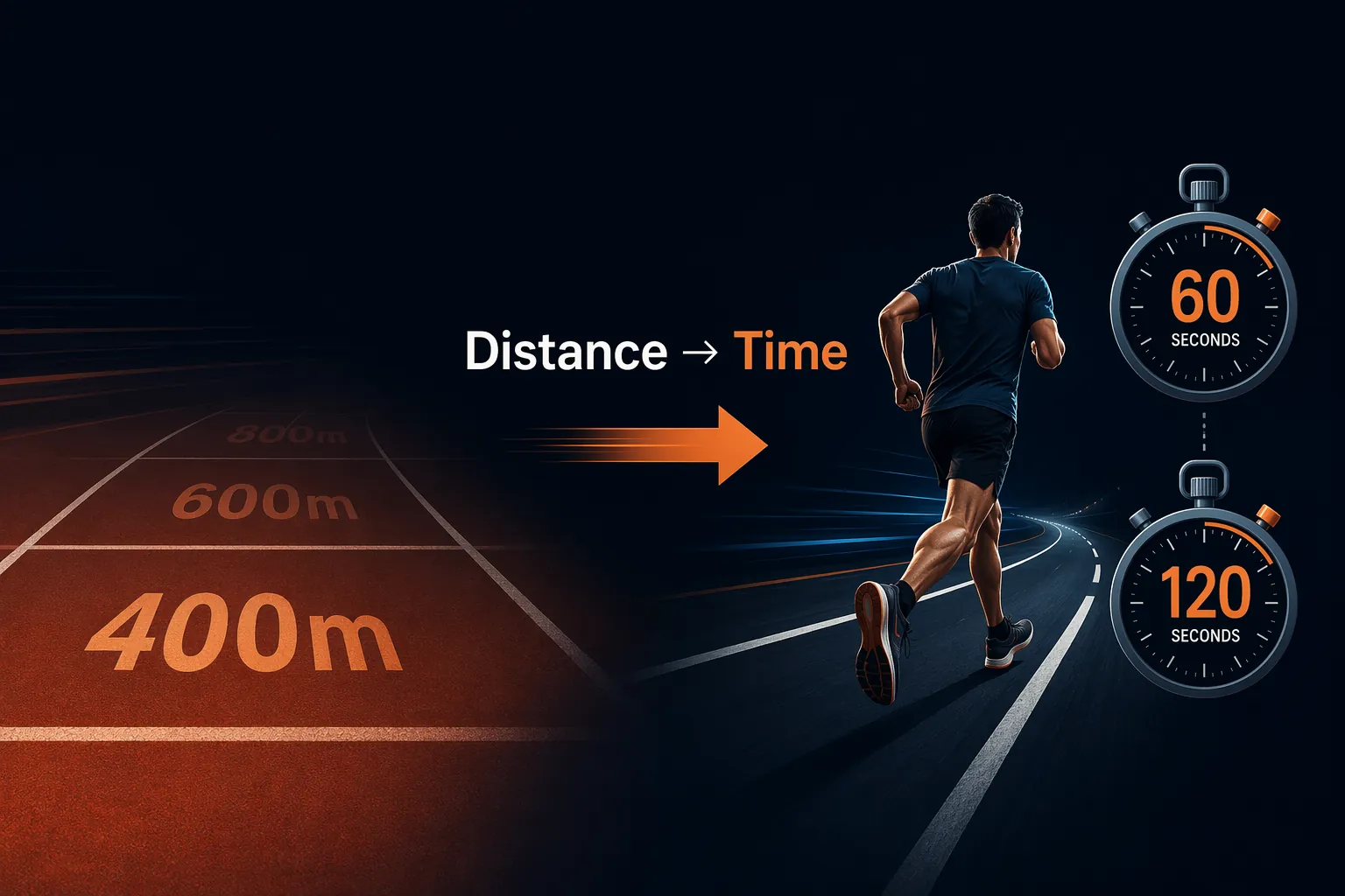 Illustration of converting track distance markings into timed road intervals with a stopwatch