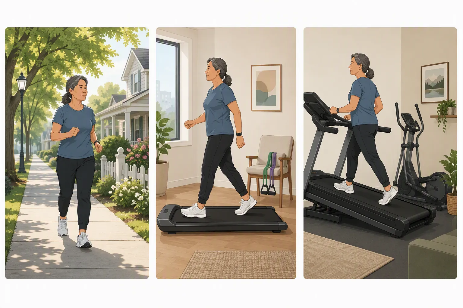 Three home workout tiers showing outdoor walking, a compact treadmill with bands, and incline treadmill or elliptical training