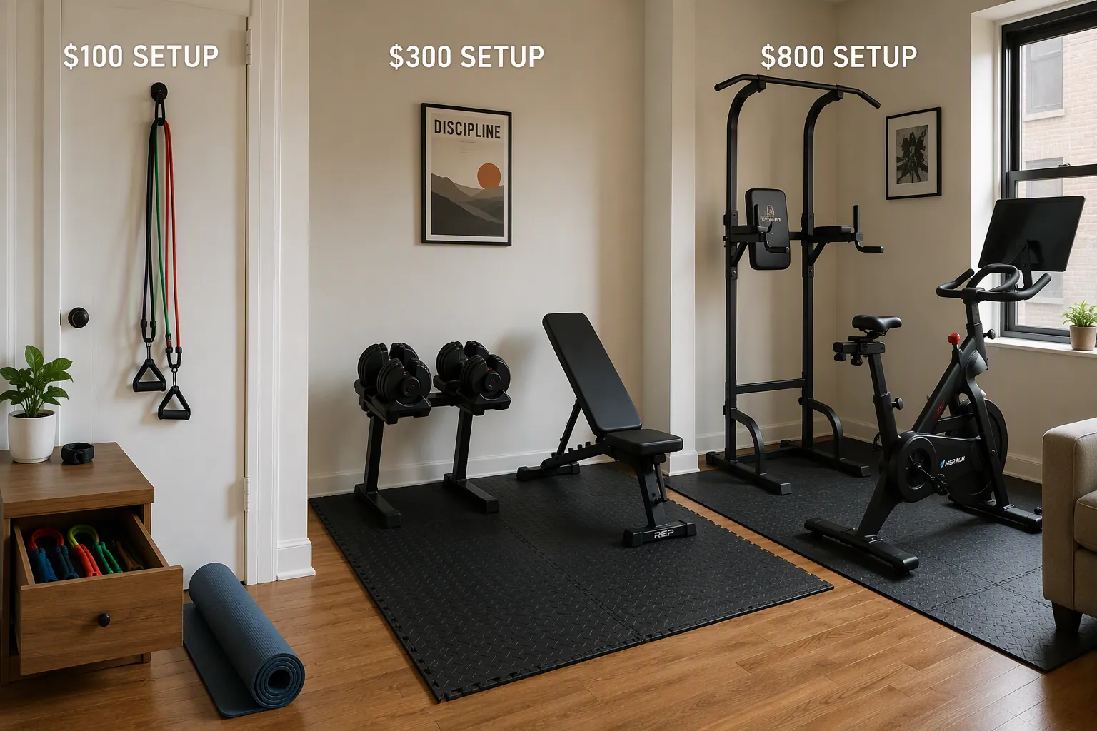 Tour a Small Apartment Home Gym at $100, $300, and $800
