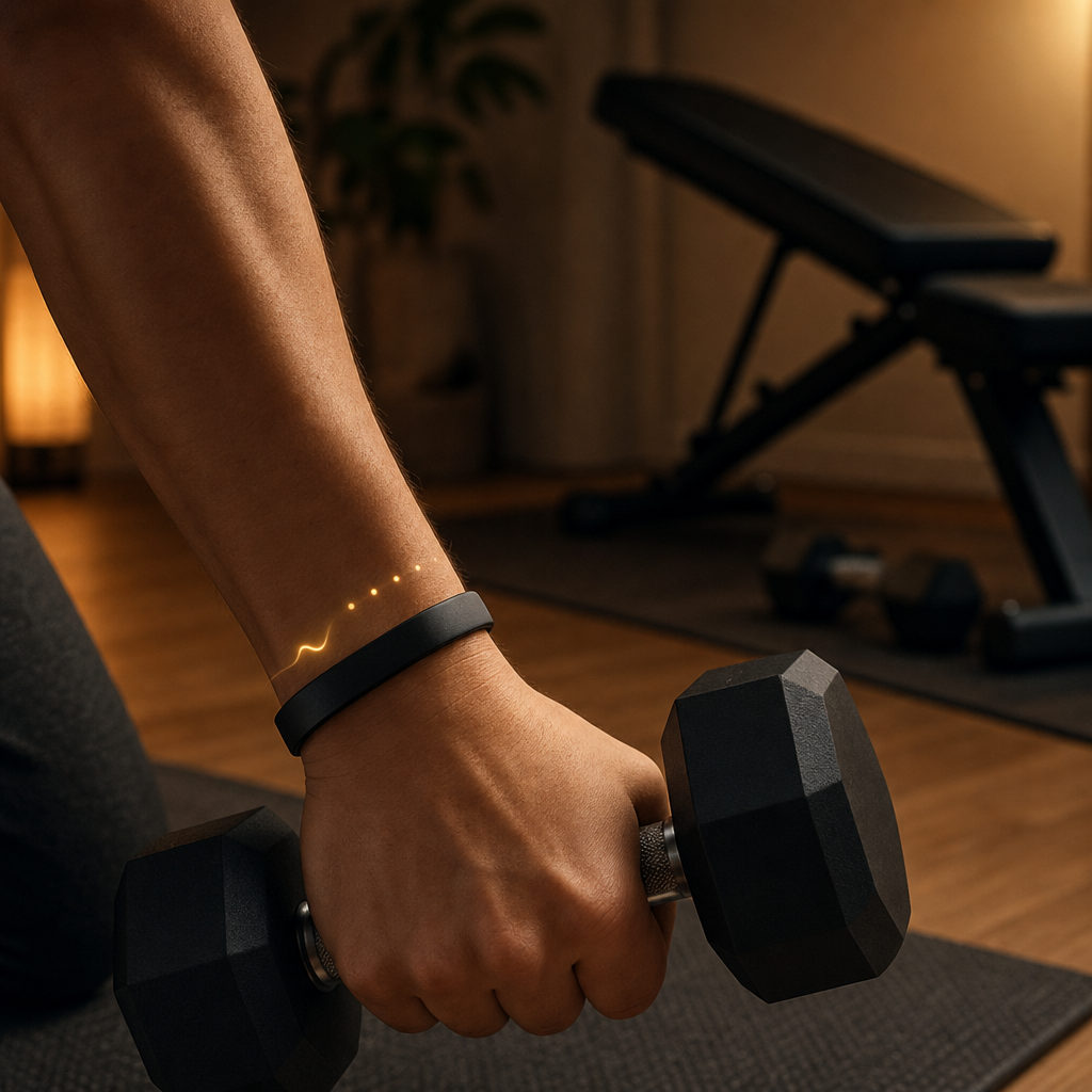 Narrow screenless fitness band on a wrist gripping a dumbbell during a strength exercise